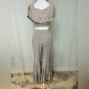 Boho Two Piece Set Women Small Brown Tribal Print Off Shoulder Crop Top
